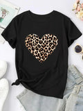 Black t-shirt with leopard print heart graphic displayed flat
