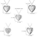 Diagram showing silver heart locket sizes and chain length measurements