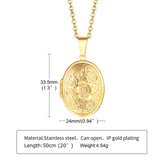 Spec card showing oval locket dimensions, stainless steel material and 22 inch chain length