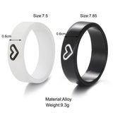 Chart displaying ring sizes, heart design, and alloy material details