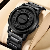 Black magnetic ball watch with Roman numeral bezel and black steel link bracelet