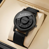Black magnetic ball watch with Roman numerals and black strap in a lined watch box