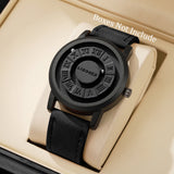 Black magnetic ball watch with Roman numerals and black leather strap in a display box