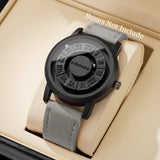 Black magnetic ball watch with Roman numeral bezel and grey leather strap