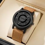 Black magnetic ball watch with Roman numeral bezel and tan brown leather strap