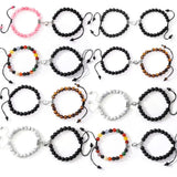 Grid of magnetic couple bracelet pairs in black, white, pink and multicolour beads