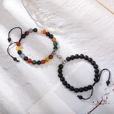 Multicolour agate and black bead bracelet pair with magnetic heart connectors