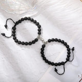 Multicolour stone and black bead bracelet pair with magnetic heart clasps