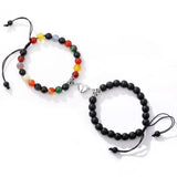 Multicolour agate and black stone bead bracelet pair with magnetic clasps