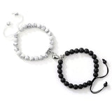 White and black matte stone bead bracelet pair with heart magnetic clasps