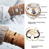 Collage showing world map disc charm and crescent moon charm bracelet details