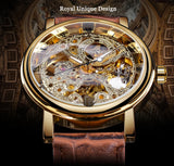 Gold case skeleton watch with exposed gears shown against a dark background
