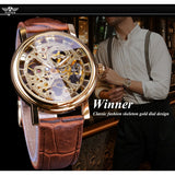 Person wearing the gold skeleton watch with brown leather strap in a vintage styled scene