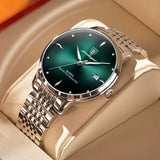 Silver watch with green sunray dial, date window and stainless steel link bracelet