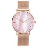 Rose gold Milanese mesh watch with pink pearl dial and thin rose gold hands