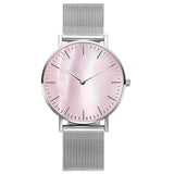 Silver mesh watch with pink pearlescent dial and slim baton markers