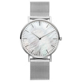 Silver mesh watch with white pearl dial and slim silver hands
