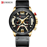 Gold accent chronograph watch with dark dial and black leather strap and gift box