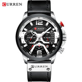 Silver case chronograph watch with dark dial and black leather strap with gift box
