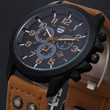Black case military style watch with sub-dials, date window and tan leather strap