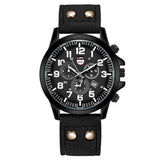 Black dial military style watch with white markers and black leather strap