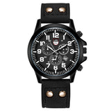 Black dial military watch with white numerals and dark brown leather strap