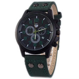 Military style watch with dark dial and olive green leather strap