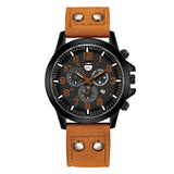 Black case military watch with sub-dials, date window and tan leather strap