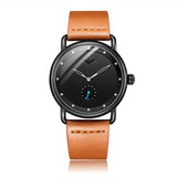 Silver case black dial watch with orange leather strap