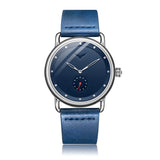 Silver case blue dial watch with blue leather strap