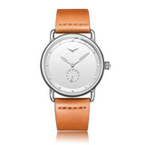 Silver case white dial watch with orange leather strap