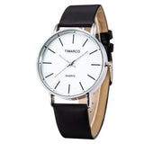 Silver case watch with white dial and black strap on white background