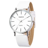 Silver case watch with white dial and white strap on white background