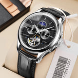 Automatic moon phase watch with black skeleton dial and dark leather strap