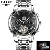 Automatic moon phase watch with black dial and stainless steel bracelet