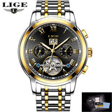 Automatic moon phase watch with black dial and black and gold steel bracelet