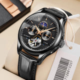 Automatic skeleton dial watch with black dial and stainless steel bracelet