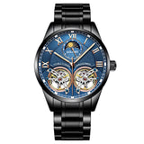 Blue skeleton dial automatic watch with black stainless steel link bracelet