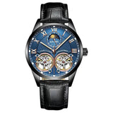 Blue skeleton dial watch with black case, moon phase sub-dial and black leather strap