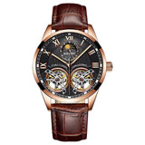 Blue dial automatic watch with rose gold case, twin flywheels and brown leather strap