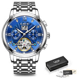 Automatic moon phase watch with blue textured dial and two-tone gold bracelet