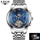 Automatic moon phase watch with blue dial and steel link bracelet