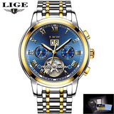 Automatic moon phase watch with blue dial and two-tone steel bracelet