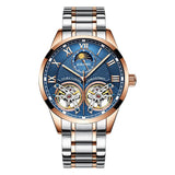 Blue skeleton dial automatic watch on two-tone rose gold and silver link bracelet