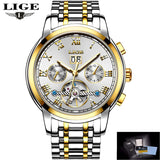 Automatic moon phase watch with blue dial and gold accented steel bracelet