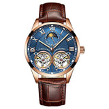 Blue skeleton dial automatic watch on two-tone rose gold and silver link bracelet