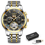 Gold automatic moon phase watch with champagne dial and gold steel bracelet
