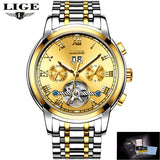 Gold automatic moon phase watch with white dial and gold steel link bracelet