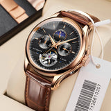 Rose gold automatic moon phase watch with white dial and brown leather strap