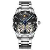 Silver automatic watch with white skeleton dial and stainless steel link bracelet